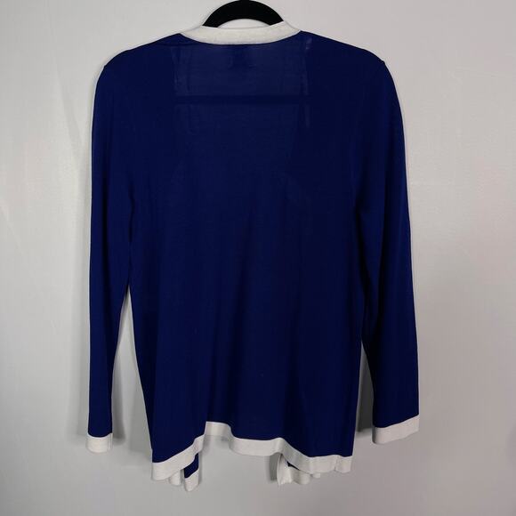 Anne Klein Medium M Blue White Colorblock Trim Open Front Cardigan Sweater Drape - Picture 2 of 7